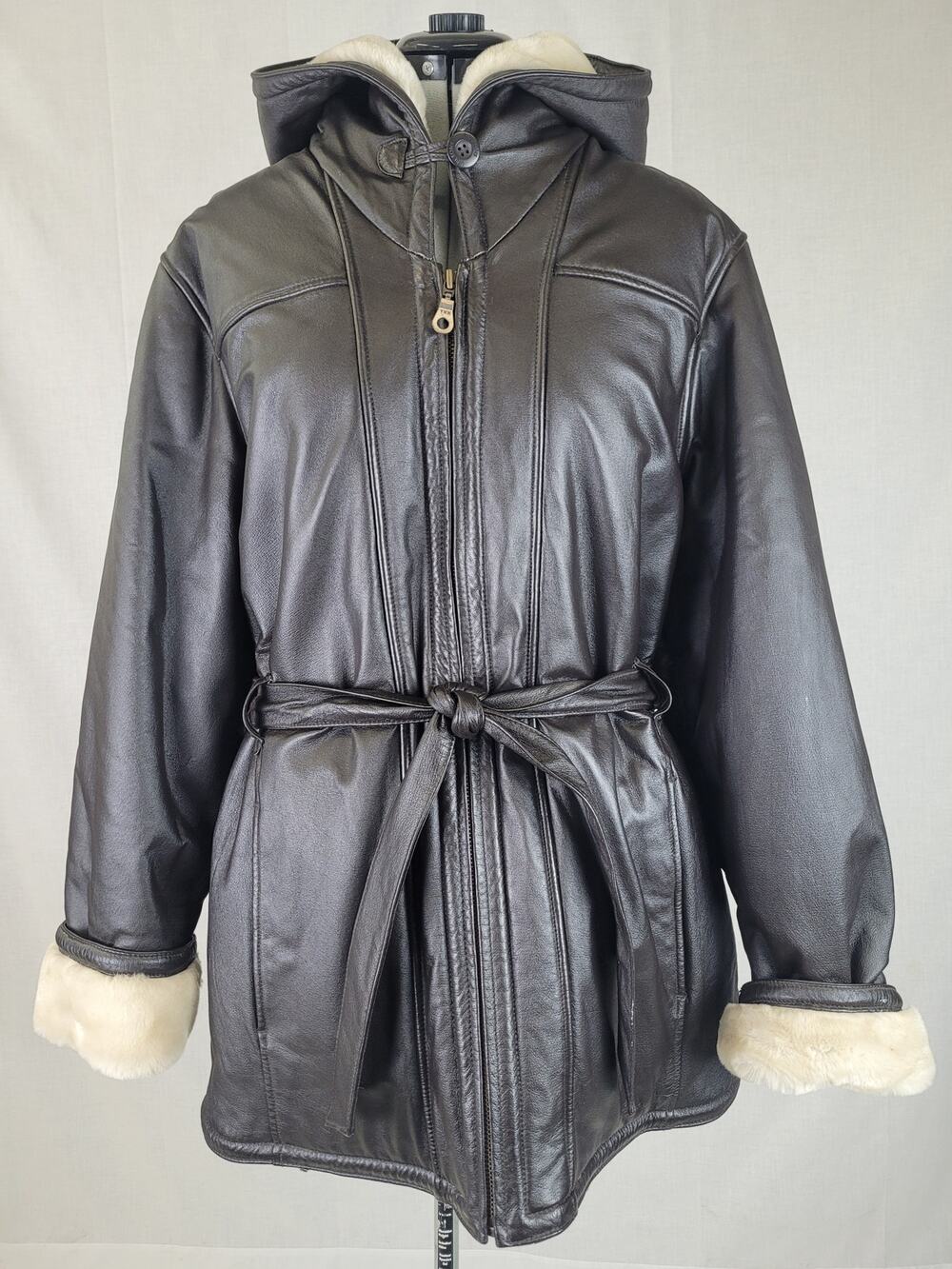 Wilsons Leather Coat Genevieve Belted Jacket Faux Fur Hooded Women's Sz 1X